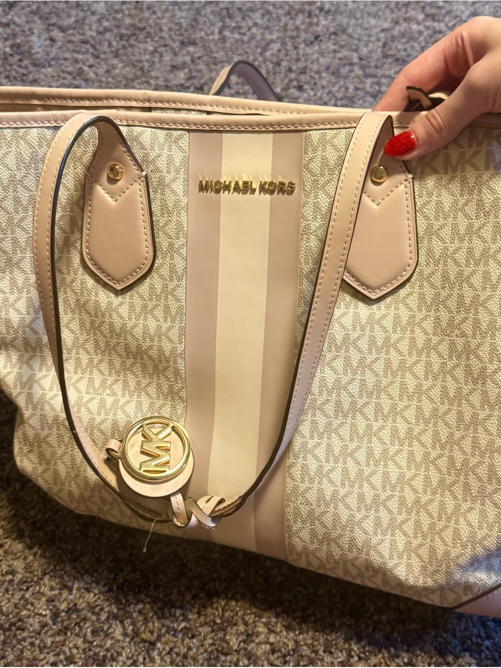 Michael Kors Pink Beige Stripe MK Logo Tote